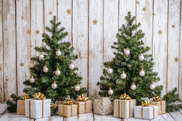 Low-angle Christmas backdrop with stars, presents, golden lights, and boho-draped green trees against a white wooden wall, dark vintage style.