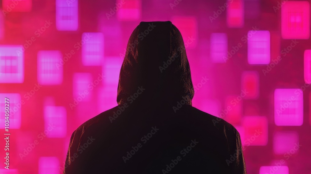 Poster hacker wearing a hoodie typing on a laptop surrounded by glowing code streams with copy space