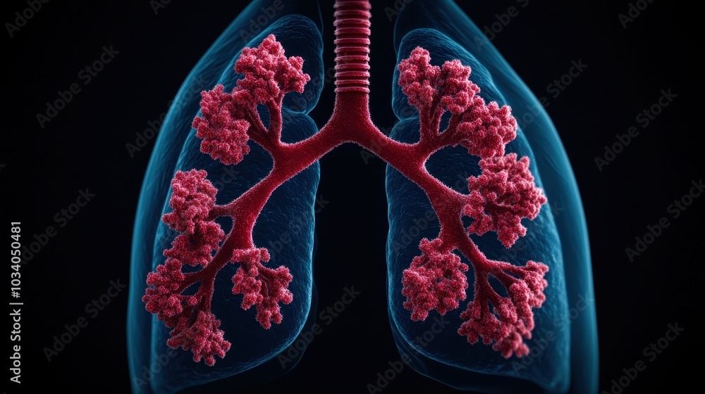 Poster high-resolution image of alveoli in the lungs with visible gas exchange at the cellular level with c