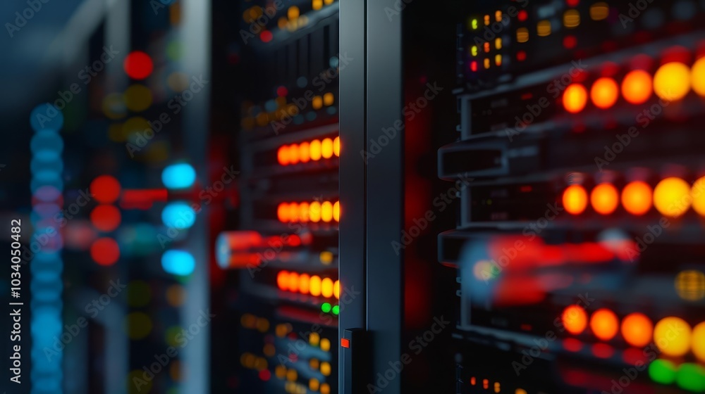 Aufkleber close-up of server racks in a data center with glowing lights.