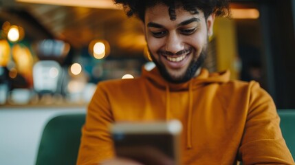 Obraz premium Smiling man using his smartphone while sitting in a cafe.