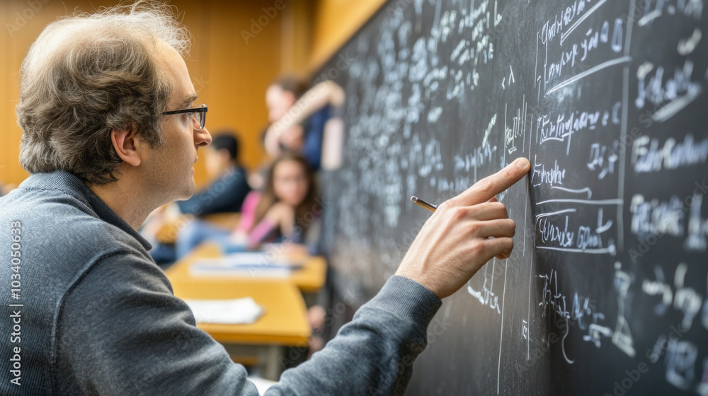 Poster a teacher explains complex equations on a chalkboard during a mathematics class in a university clas