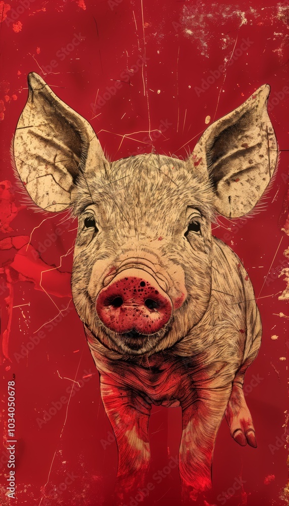 Poster deconstructed golden line art of a pig on deep red background