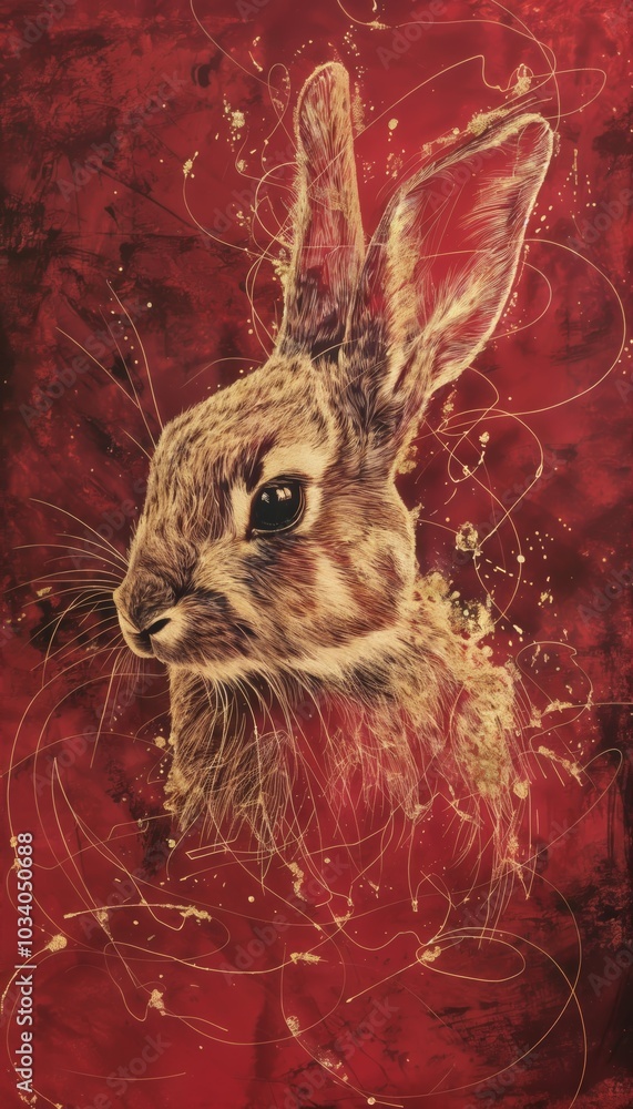 Poster deconstructed golden line art of a rabbit on deep red background
