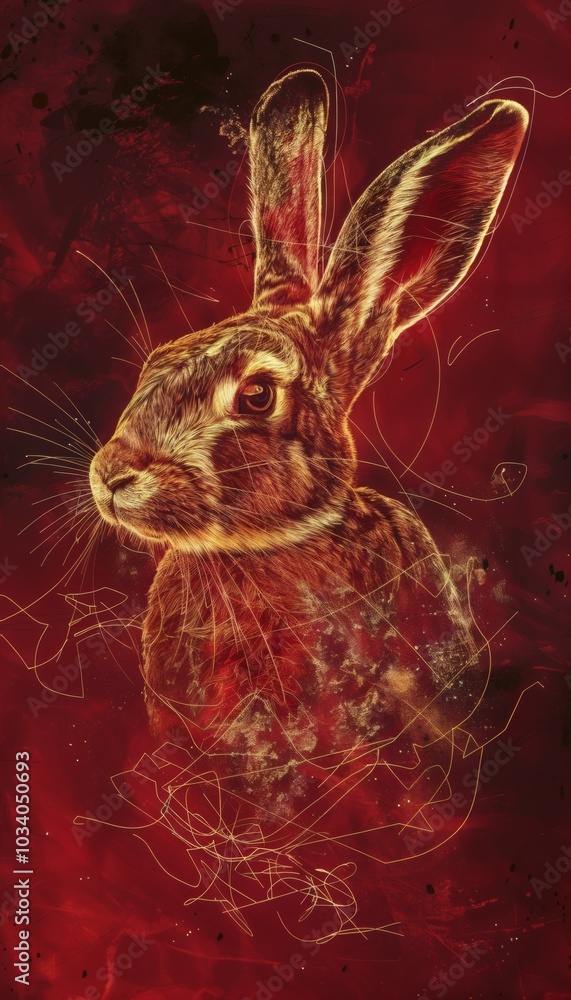 Poster deconstructed golden line art rabbit on deep red background