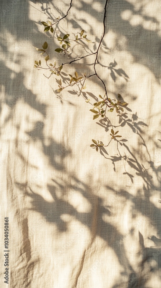 Poster delicate branch with fresh spring leaves casts intricate shadows on textured wall, creating a mesmer
