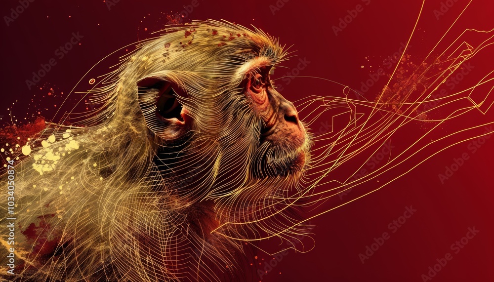 Poster deconstructed golden line art of a monkey on deep red background