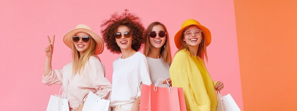 Four stylish women enjoying a day of shopping together against a colorful backdrop in a vibrant urban area