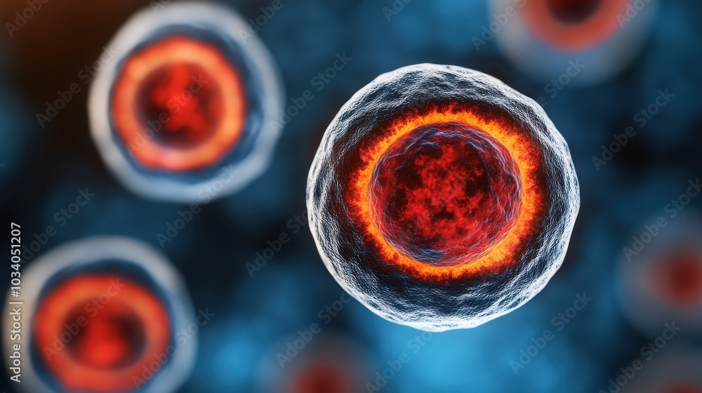 Poster microscopic look at stem cells differentiating into various cell types in a tissue culture with copy