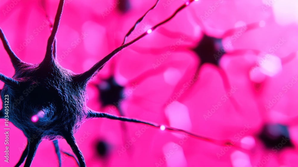 Poster microscopic close-up of neurons with glowing dendrites transmitting signals with copy space