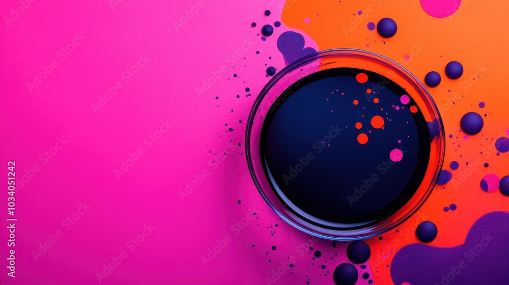 Poster microscopic view of colorful cells in a petri dish under a microscope with copy space