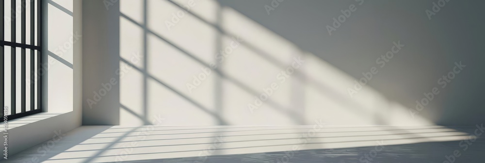 Poster sunlight streams through a window, casting abstract shadows on a white wall.