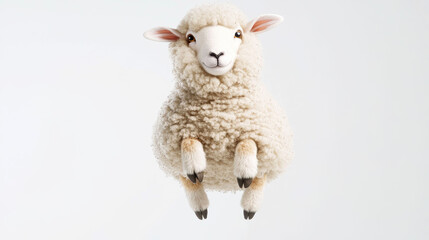 Obraz premium Adorable fluffy sheep floating in a clear sky on a white background, showcasing a whimsical and playful theme