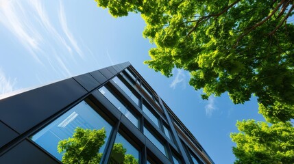Low angle view of a modern office building with trees and a blue sky.