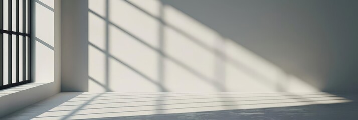 Fototapeta premium Sunlight streams through a window, casting abstract shadows on a white wall.