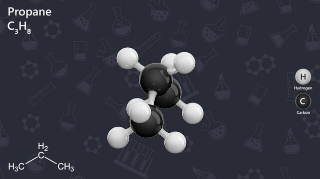 Propane is a gas, a byproduct of natural gas processing and petroleum refining. Its used as a fuel for heating, cooking, and powering vehicles. Molecular formula: C3H8. dark background. 3D render.