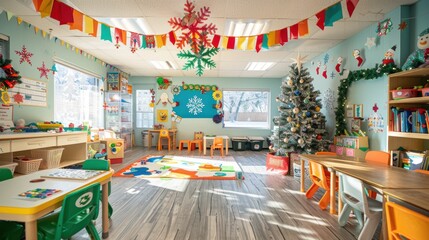 Fototapeta premium Festive Preschool Classroom Decorated with Holiday Crafts and Bright Streamers