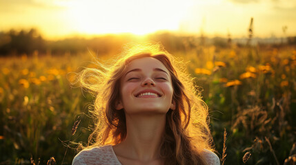 A joyful young woman enjoys the warmth of the setting sun in a vibrant flower field during summer