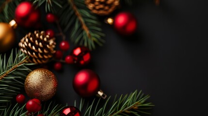 Obraz premium Red and gold Christmas ornaments with pine branches on black background.