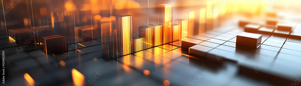 Poster tracking shot of plain geometric shapes with glowing bar graph representing revenue growth and exten