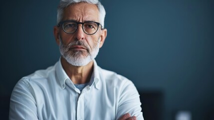 Fototapeta premium Portrait of a serious mature man with arms crossed, looking at the camera.