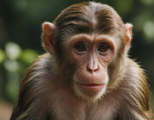 A close-up of a curious monkey relaxing in the lush greenery of a forest during daylight hours. Generative AI