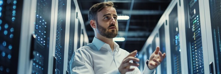 IT specialist working in a server room, checking hardware.