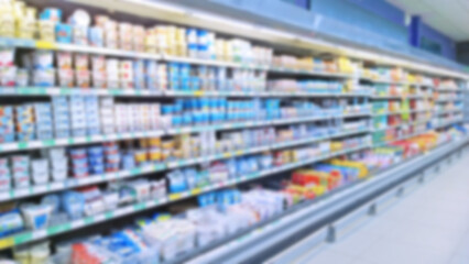 Abstract blur supermarket background. Defocused shelves. Grocery store. Retail industry. Discount. Inflation and recession concept. Consumer packaged goods. CPG. Rack. In-Person Shopping Increase.