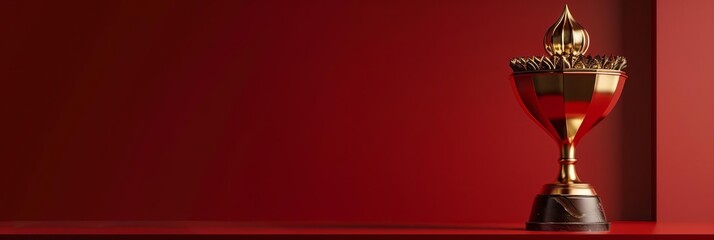 Recognition trophy in brass on a dark red backdrop With copy space