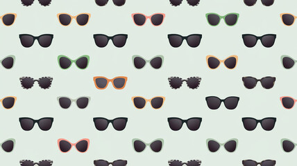 Fototapeta premium This image features a seamless pattern of various stylish sunglasses on a light mint green background, creating a trendy and fashionable design.