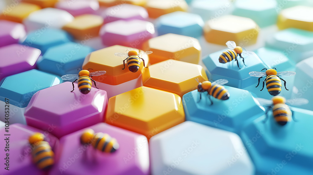 Poster 3d poll worker beehive tiles: cartoon hexagonal tiles featuring poll worker icons in a busy election
