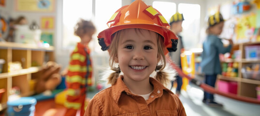 Fototapeta premium Preschool Dress-Up Fun: Child as Firefighter in Bright Classroom for Playful Learning and Social Interaction