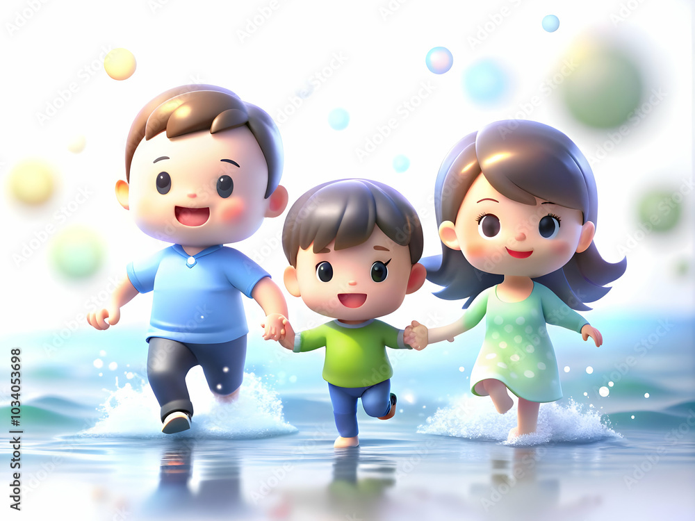 Poster bokeh digital art of a joyful family running together through shallow surf - emphasizing excitement 