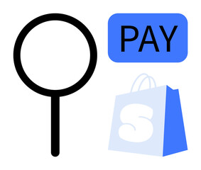 A simple vector shows a magnifying glass, a shopping bag with an S, and a PAY button. Ideal for themes of e-commerce, online shopping, search, payment, and digital transactions