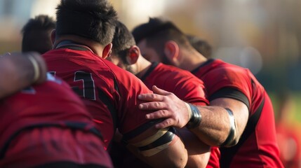 Rugby players huddling on a sports field, showcasing teamwork, strategy, and unity with copy space