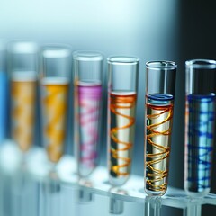 Test tubes with different illustrations of DNA in laboratory, closeup