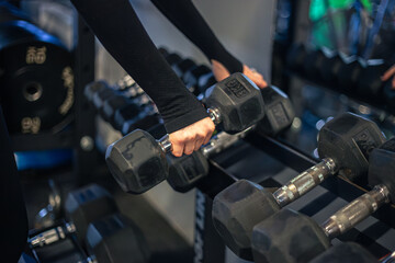 Naklejka premium Young woman in the gym. Dumbbells in gym workout. Gym.