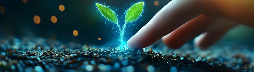 Close-Up of Fingertip Touching Holographic Plant Symbolizing Growth, ESG Practices, and Community Initiation � Isolated on White Background