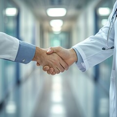 Two medical doctors shaking hands at hospital corridor, teamwork concept.