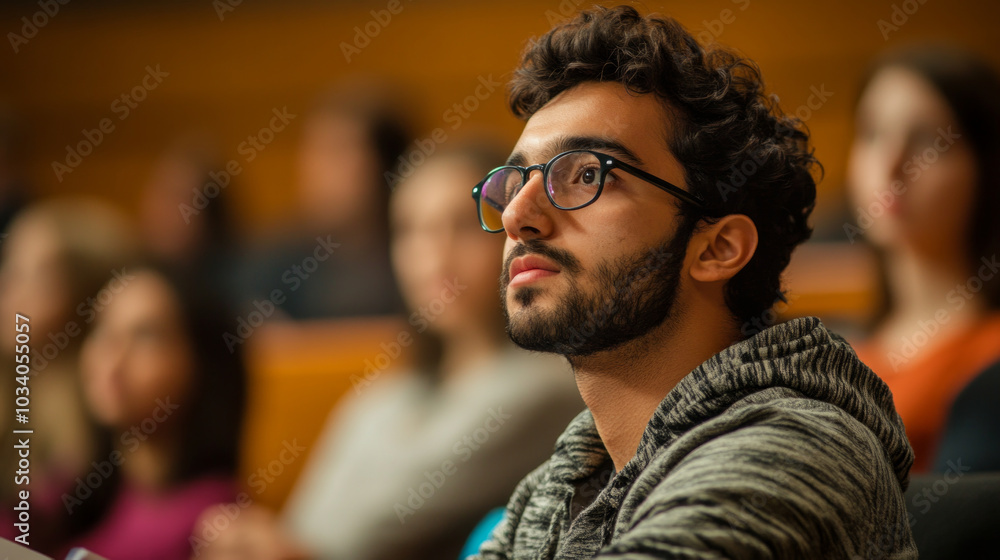 Poster student actively asking a question during a lecture in a university classroom setting in the afterno
