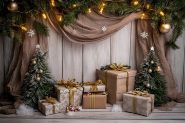 Low-angle Christmas backdrop with stars, presents, golden lights, and boho-draped green trees against a white wooden wall, dark vintage style.
