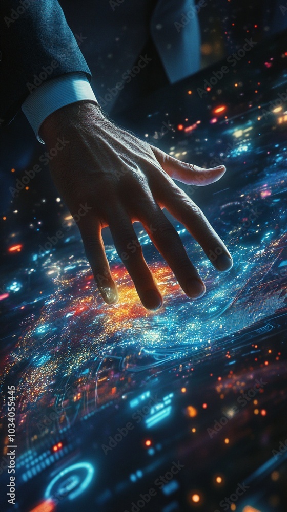 Poster a hand reaches out to touch a vibrant, digital universe, blending reality and technology in a mesmer