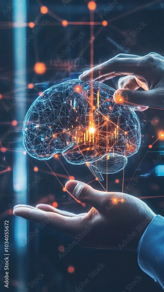 Poster futuristic holographic brain projection floating between hands, illuminated by glowing network conne