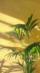 Fototapeta premium Vibrant green palm leaves cast intricate shadows on a sun-drenched yellow wall, creating a tropical ambiance of warmth and serenity in a minimalist setting.