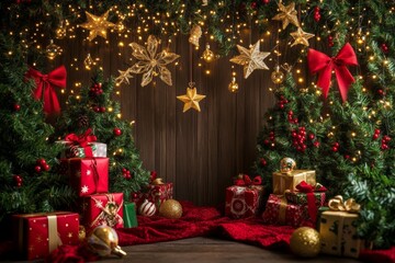 Low-angle Christmas backdrop with stars, presents, golden lights, and boho-draped green trees against a white wooden wall, dark vintage style.
