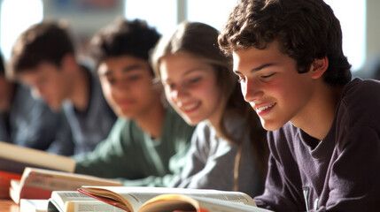 Students engaged in reading textbooks attentively in a classroom during the afternoon