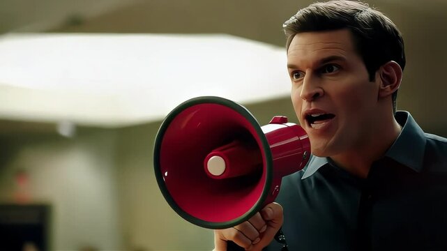 Angry man shouting into a megaphone, conveying intense emotions in a dramatic setting.