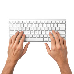Hands typing on a white keyboard, isolated on a white background.