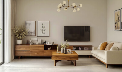 A modern Indian-style living room interior with white walls, a sofa, and a TV unit in a wooden color.