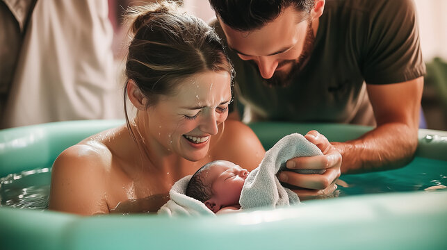 Water birth. Home birth. A woman cradles a newborn baby wrapped in a towel while sitting in a birth pool. Her husband is next to her.